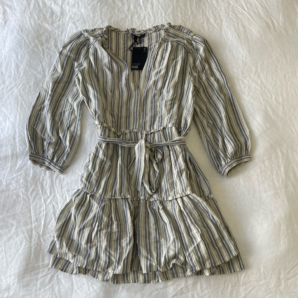 PAIGE Striped Long Sleeve Mini Dress Boho Neutral Flowy Tie Waist Size Small NWT - Picture 4 of 4